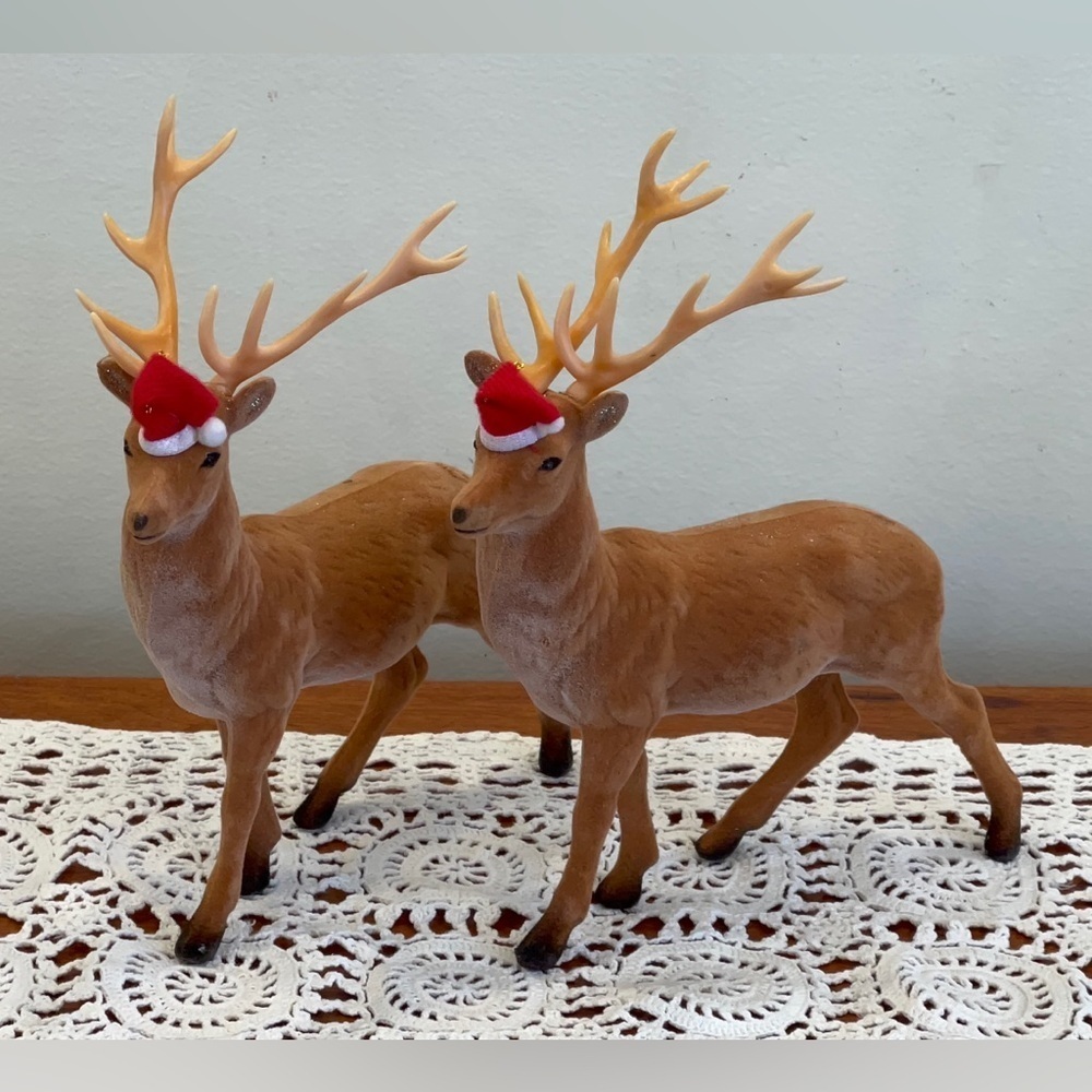 Vintage flocked standing Christmas reindeers with antlers & Christmas hats